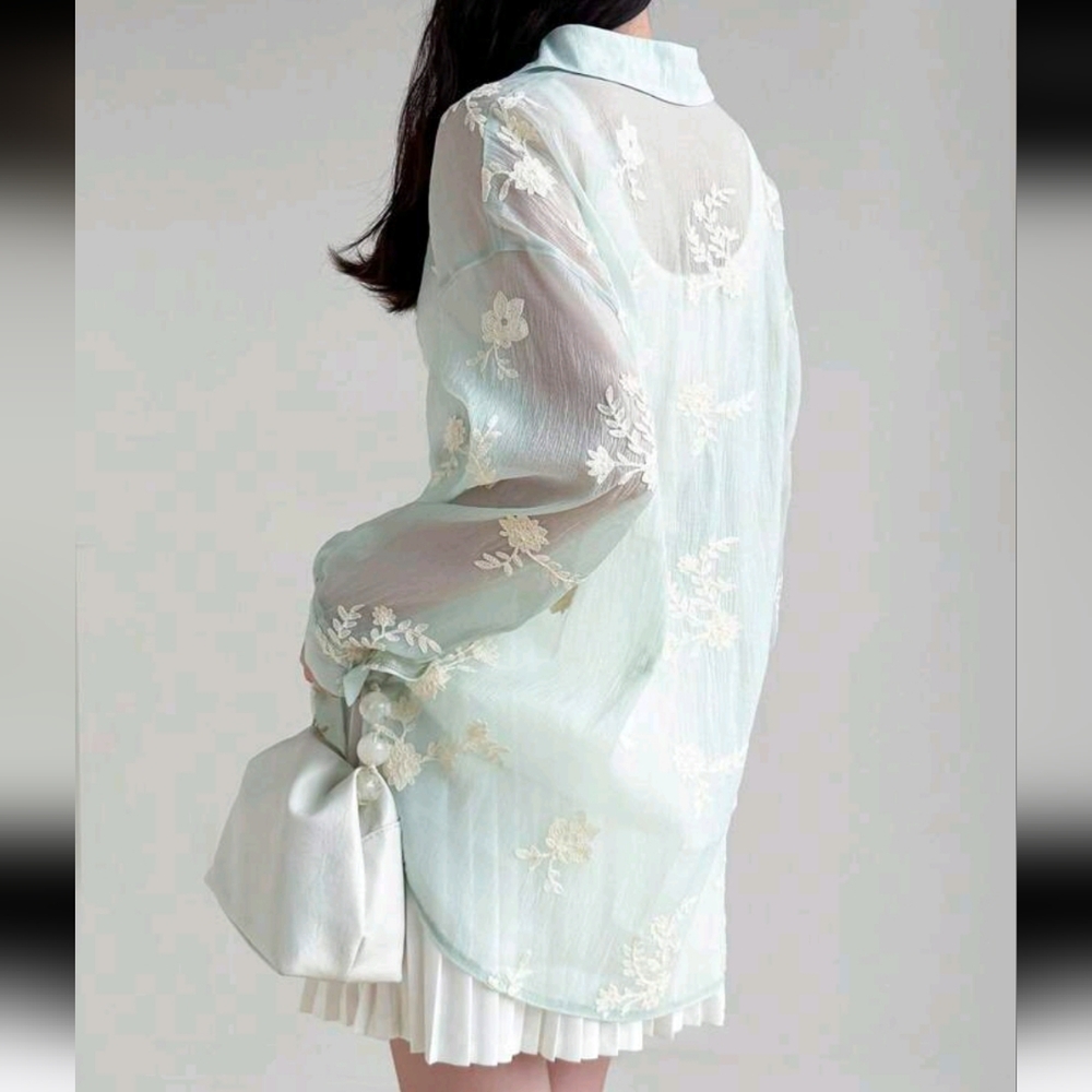 Women's Embroidered Button Up Front Long Sleeve Elegant Blouse, Summer - Picture 4 of 5